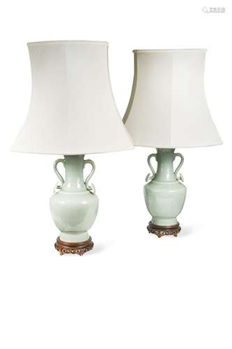 A pair of 20th century Chinese celadon glazed lamp bases,