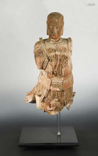 A carved and painted wood head and torso of Wudi, god of war, probably late Ming Dynasty,