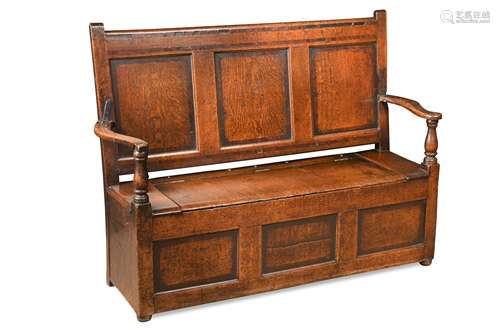 An oak and fruitwood banded three panelled box settle, 18th century,