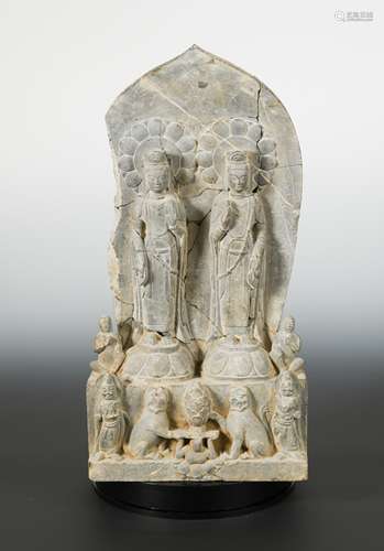 A Chinese limestone double Bodhisattva stele with acolytes,