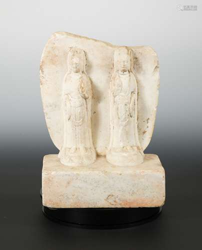 A Chinese white marble double Bodhisattva stele, with aureole, with inscriptions, Northern Qi style,