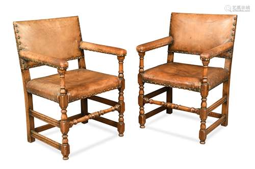 A set of six oak joined dining chairs with two carvers, 17th century style,