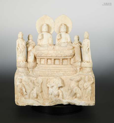 A Chinese white marble double Bodhisattva group, with aureoles and four followers,