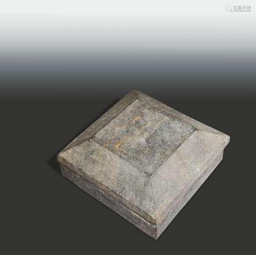 A Chinese limestone square ancestor box and lid, perhaps 6/7th century,