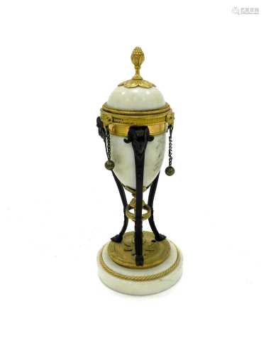 A Regency, bronze, gilt bronze and marble casolette, of ovoid form, the lid with a pineapple finial,