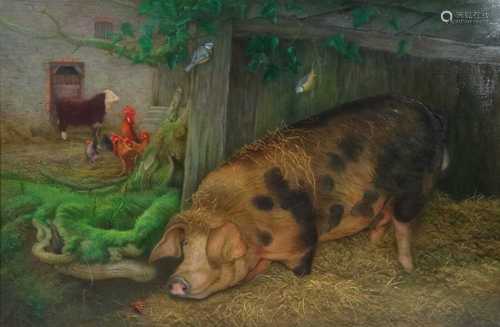 Denby Sweeting (British 1936-2020), Oxford Sandy and Black Pig in Farmyard oil on panel