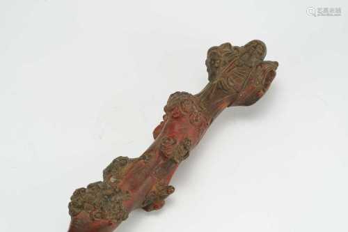 A Chinese carved rootstock staff, Qing Dynasty, 19th century
