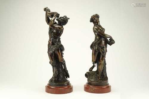 After Claude Michel Clodion, a pair of French bronze figures of a satyr and Bacchante
