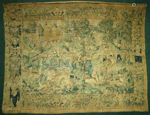 A large 17th century Flemish tapestry depicting a boar hunt,