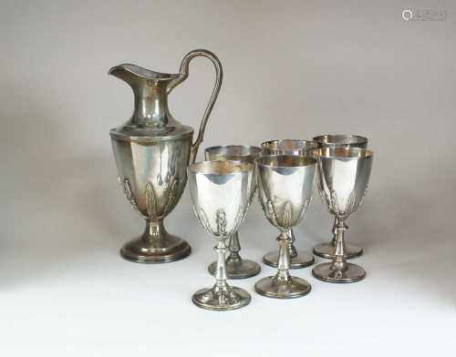 A silver wine ewer and six silver goblets