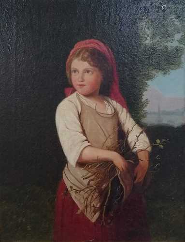 German School (19th Century) Young Girl Gathering Kindling oil on canvas