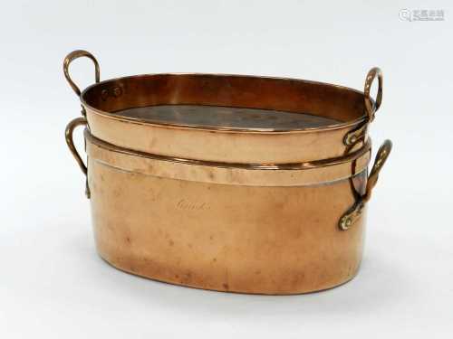 A late 19th/early 20th century copper covered, twin-handled saucepan, possibly a fish kettle, both