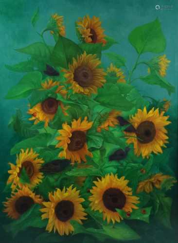 Denby Sweeting (British 1936-2020) Still Life of Sunflowers and Ladybirds oil on panel