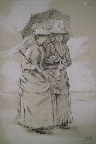 Lucien Lopes-Silva (French 19th Century) Charcoal Sketches of Ladies at Leisure Pencil and Charcoal