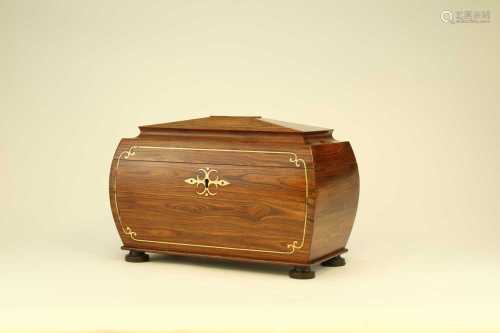 A mid-Victorian brass inlaid rosewood tea caddy