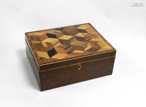 A 19th century crossbanded box, probably Tunbridge, with a tumbling block pattern, parquetry lid and