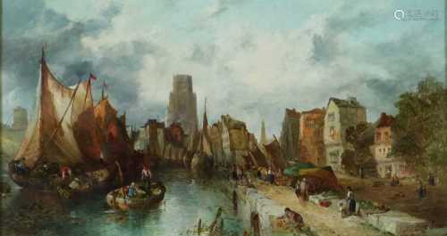 Alfred Montague (British, 1832-1883), Continental Inland Port Landscape oil on canvas