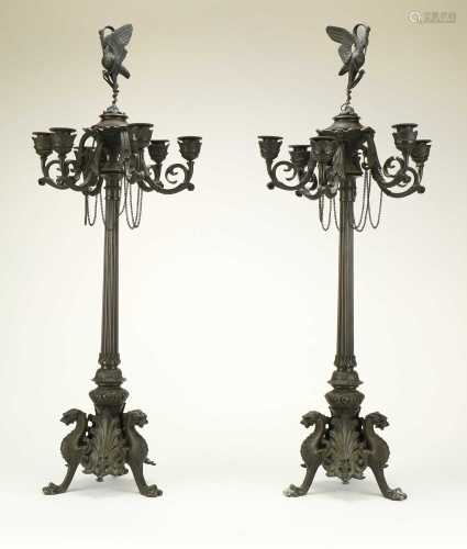 A pair of French bronze six-branch candelabra, late 19th century