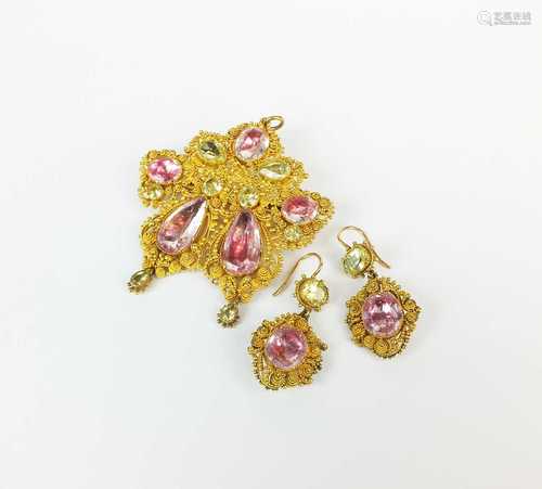 A pink topaz and chrysoberyl cannetille brooch