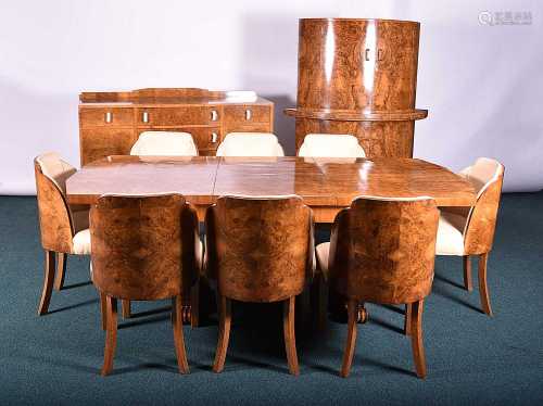 A good art deco walnut dining suite, 'The Celerity', in the manner of Epstein