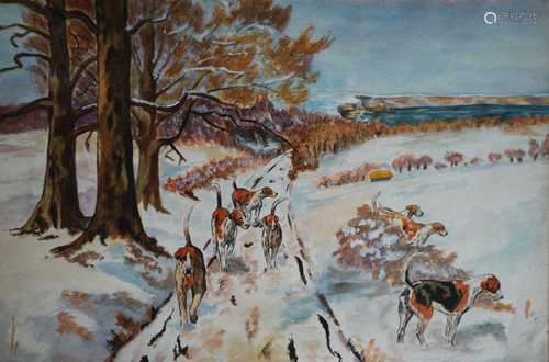 George Vernon Stokes (British 1873-1954) Hounds in the Snow Watercolour