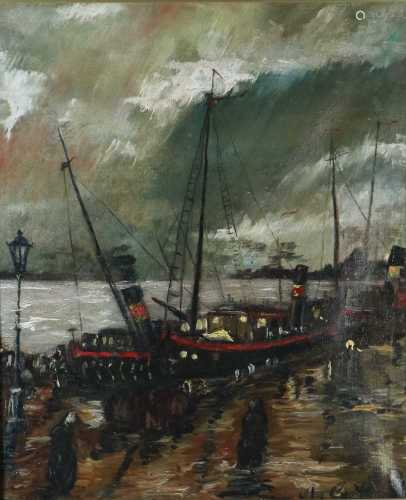 British School (20th Century) Fishing Boats at the Dock oil on canvas