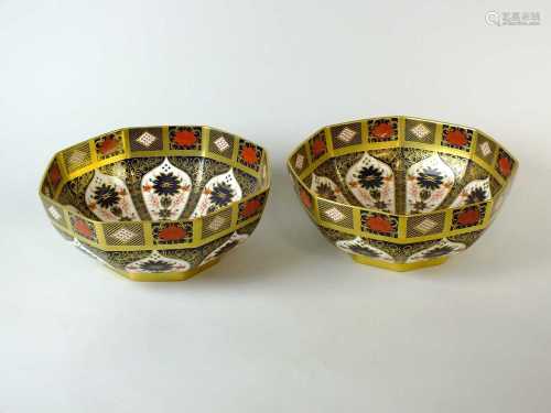 A pair of large Royal Crown Derby imari octagonal bowls