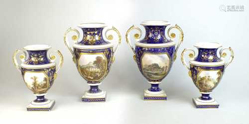 A garniture of four Bloor Derby twin-handled vases