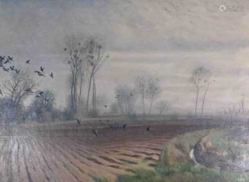 Maurice Taquoy (French 1878-1952) Crows Flying over a Ploughed Field Oil on canvas