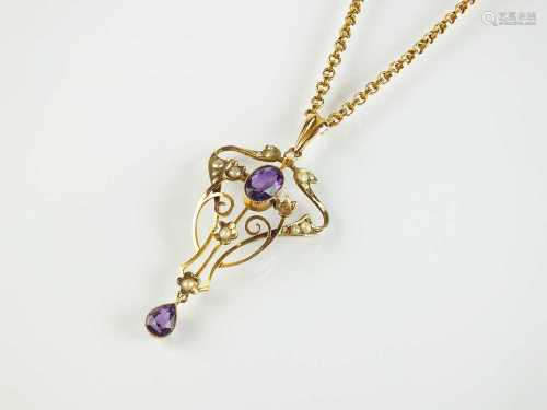 An early 20th century amethyst and seed pearl pendant on chain