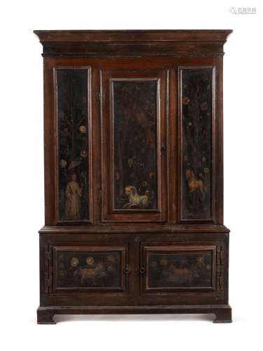 A rare William III oak and polychrome painted press cupboard