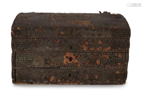 A brass studded and leather bound trunk or coffer