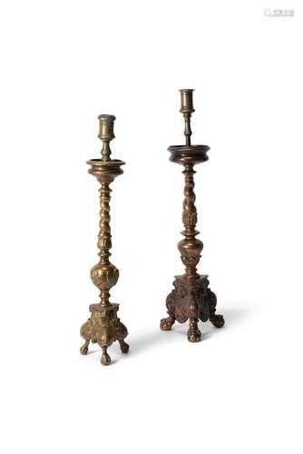 A Continental gilt bronze pricket altar stick