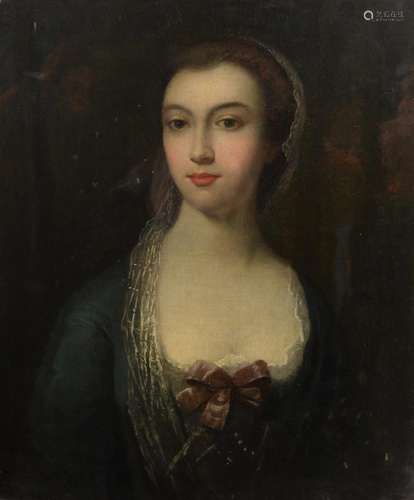 English School (18th Century), Portrait of a lady, half-length, in a blue dress with lace trim