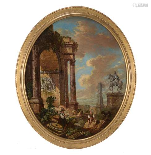 Manner of Giovanni Paolo Panini, Capriccio of classical ruins in a landscape with figures and an equ