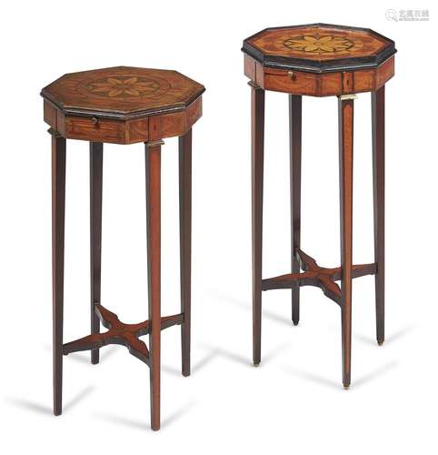 Two similar George III satinwood and specimen marquetry urn stands