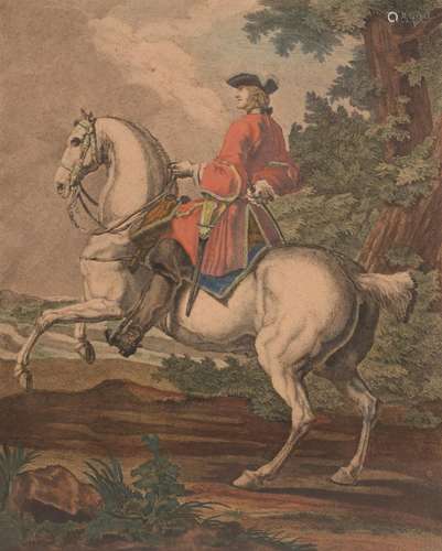 After Johann Elias Ridinger (German 1698-1767)A pair of equestrian printsHand-coloured engravings