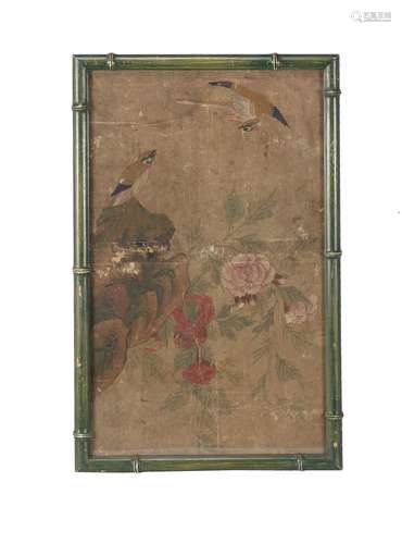 A set of three Chinese Export hand painted wall paper panels