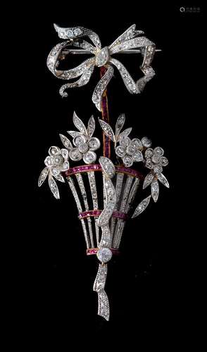 A Belle Époque diamond and ruby basket brooch