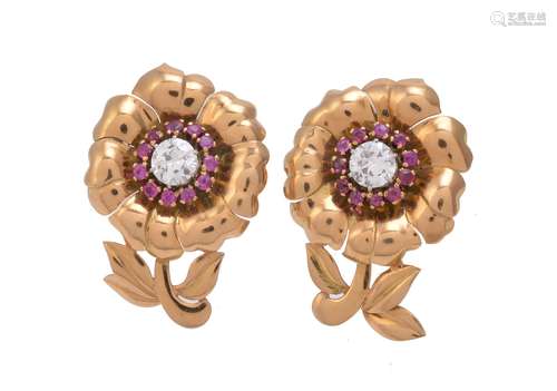 A pair of French 1940s Retro ruby and diamond flower ear clips