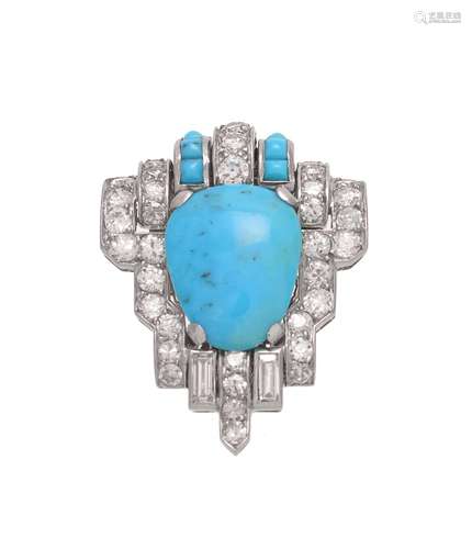 A French Art Deco turquoise and diamond clip brooch