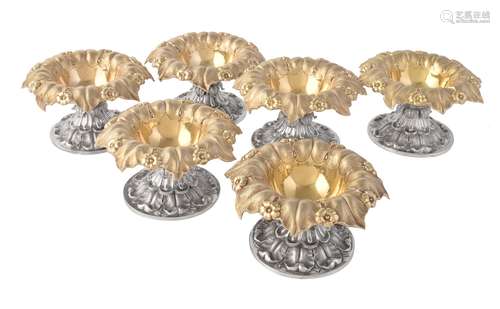 A set of six George IV silver parcel gilt salt cellars by Rebecca Emes & Edward Barnard I