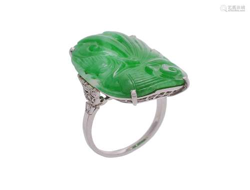 A French Art Deco diamond and jadeite panel ring