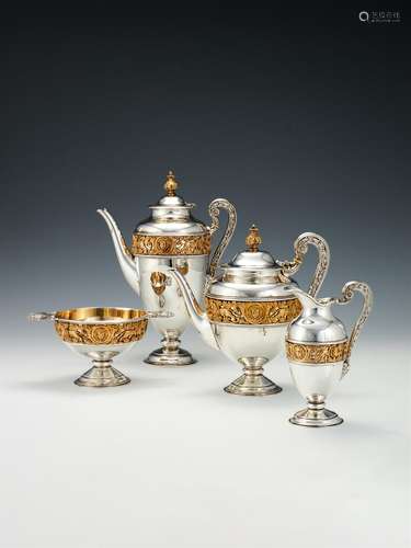 Y A matched Victorian silver parcel gilt vase shaped four piece tea and coffee service