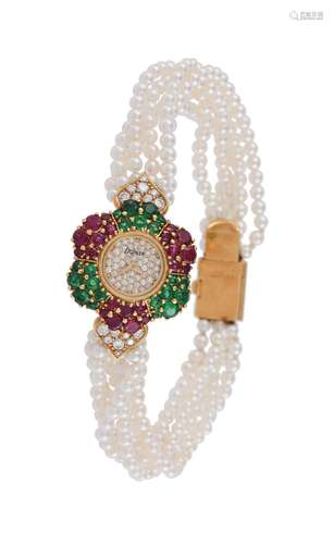 De Laneau, a lady's 18 carat gold, emerald, ruby and cultured pearl bracelet watch