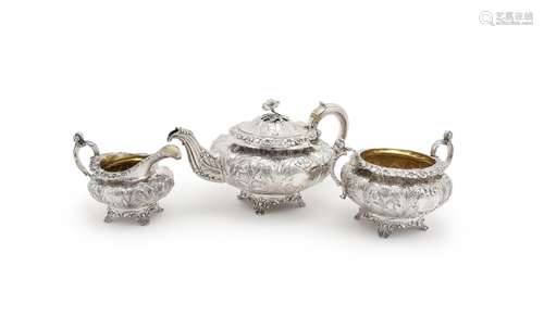 Y A William IV silver lobed circular three piece tea service