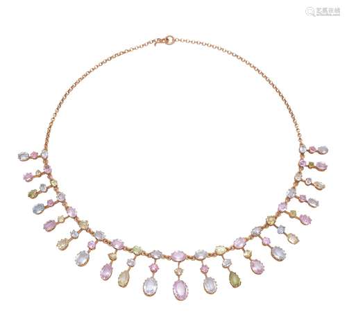 An Edwardian pink tourmaline, aquamarine and peridot gold necklace