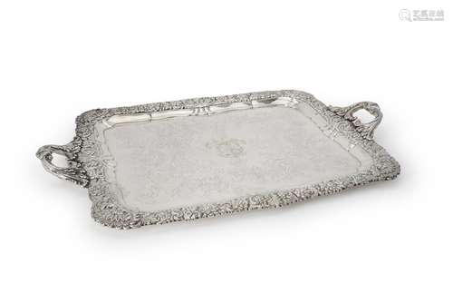 A George IV silver shaped rectangular twin handled tray by William Eaton