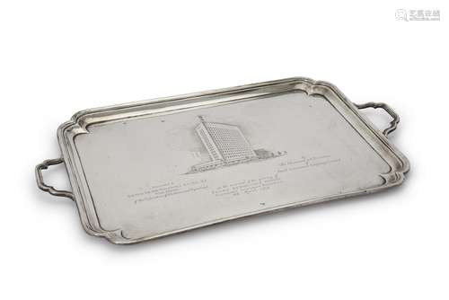 [Zimbabwe interest] A silver rectangular twin handled tray by Thomas Bradbury & Sons Ltd