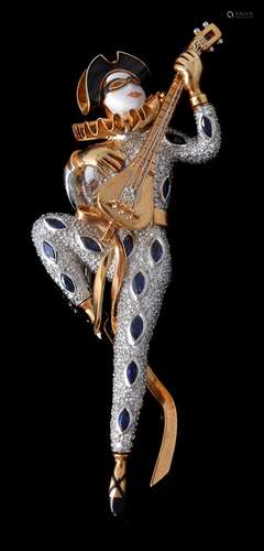 An enamelled sapphire and diamond harlequin brooch